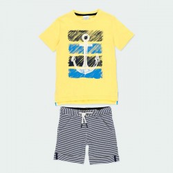 Conjunto niño de camiseta amarillo con bermuda punto rayas marino de Bóboli