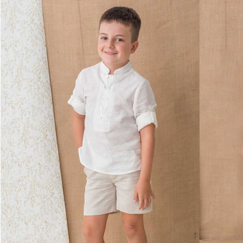 Traje de lino natural lino crudo bebé bronceado blanco Conjunto de camisa niño Ropa Ropa para niño Conjuntos niño pequeño pantalones cortos y broche de lazo 