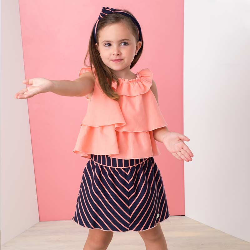 Conjunto niña falda rayas combinado blusa lino coral de Bas Martí