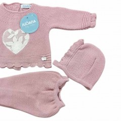 Conjunto bebé corazon de polaina jersey y capota rosa Jualiana
