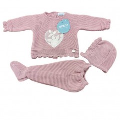 Conjunto bebé corazon de polaina jersey y capota rosa Jualiana