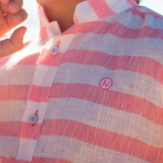 Camisa niño de lino rayas coral de Nachete