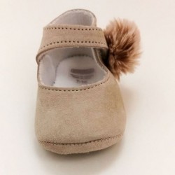 Zapatos bebé niña merceditas de ante beige con pompon pelo