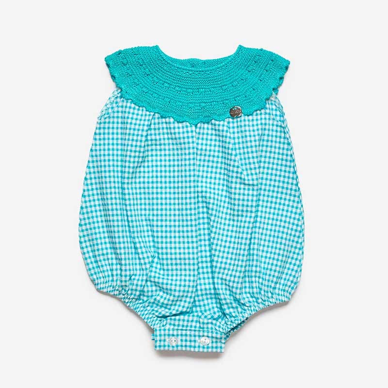 Pelele bebé punto y tela vichy azul turquesa de Juliana