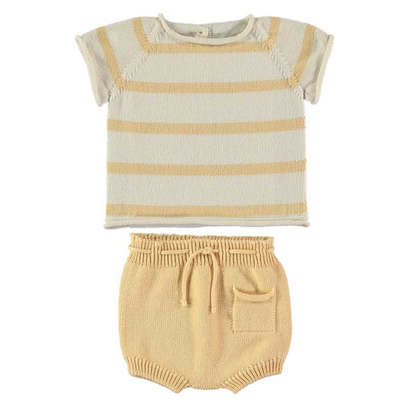 Conjunto bebé con jersey a rayas amarillo suave con cubre de Liandme