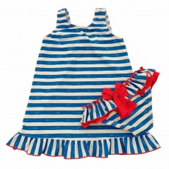 Vestido niña y culetin de baño a rayas azul y rojo Marena
