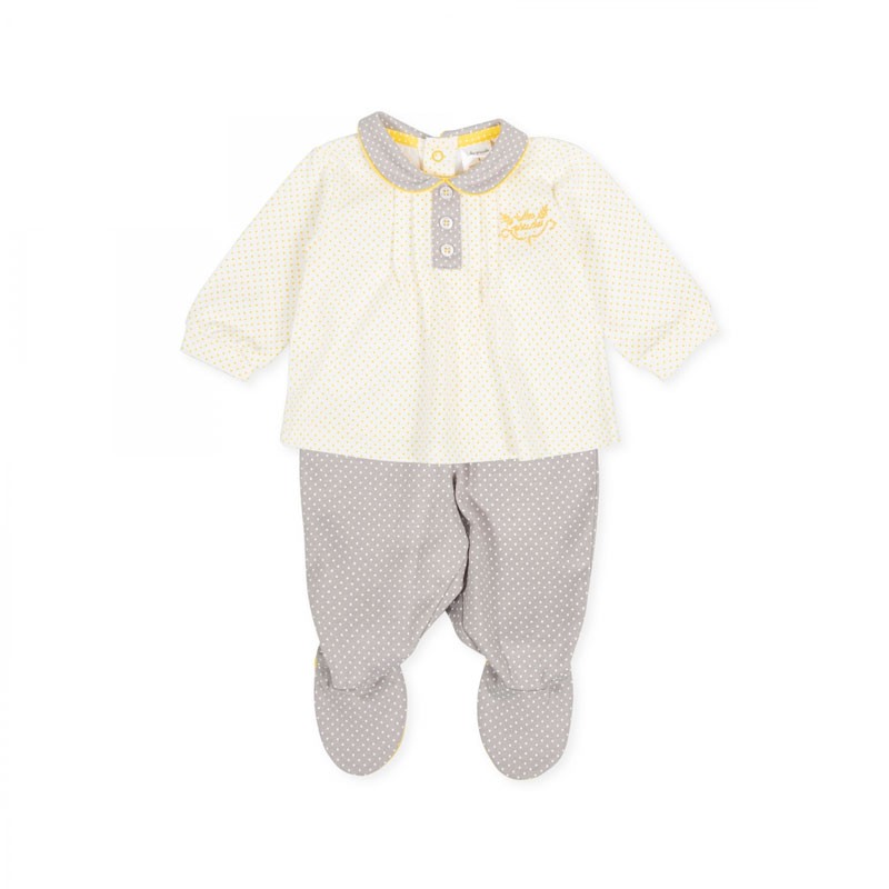 Conjunto bebé pijama gris y motas amarillas