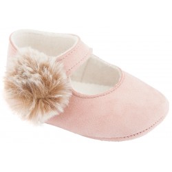 Zapatos bebé niña merceditas de ante rosa con pompon pelo