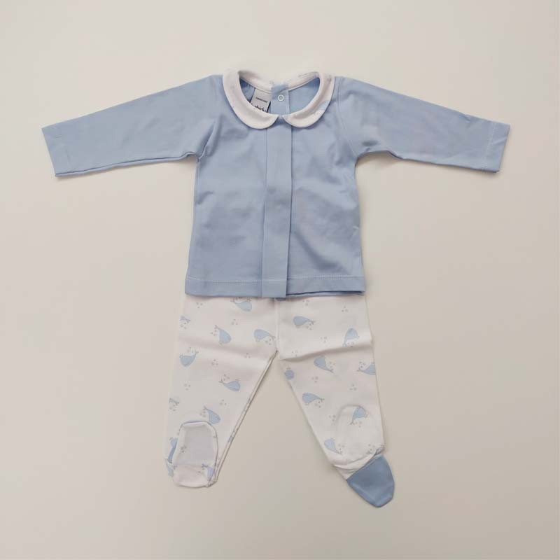 Conjunto ropa nacimiento bebé Babidu azul ballenas