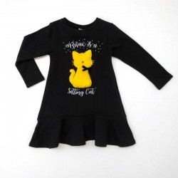 Vestido niña felpa negro con gatito de pelo amarillo iDO