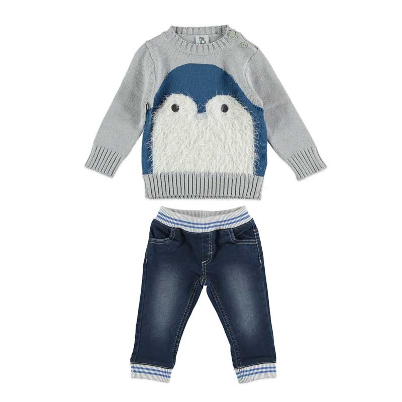 Conjunto bebé niño de jersey tricot pinguino con denim azul de Bimbalú