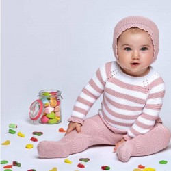 Conjunto con polaina bebé rosa rayas blancas con capota de Juliana